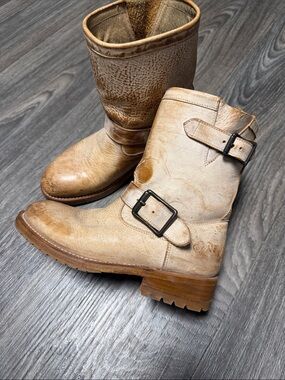 Women’s Light Beige Leather Moto Engineer Boots with Buckle